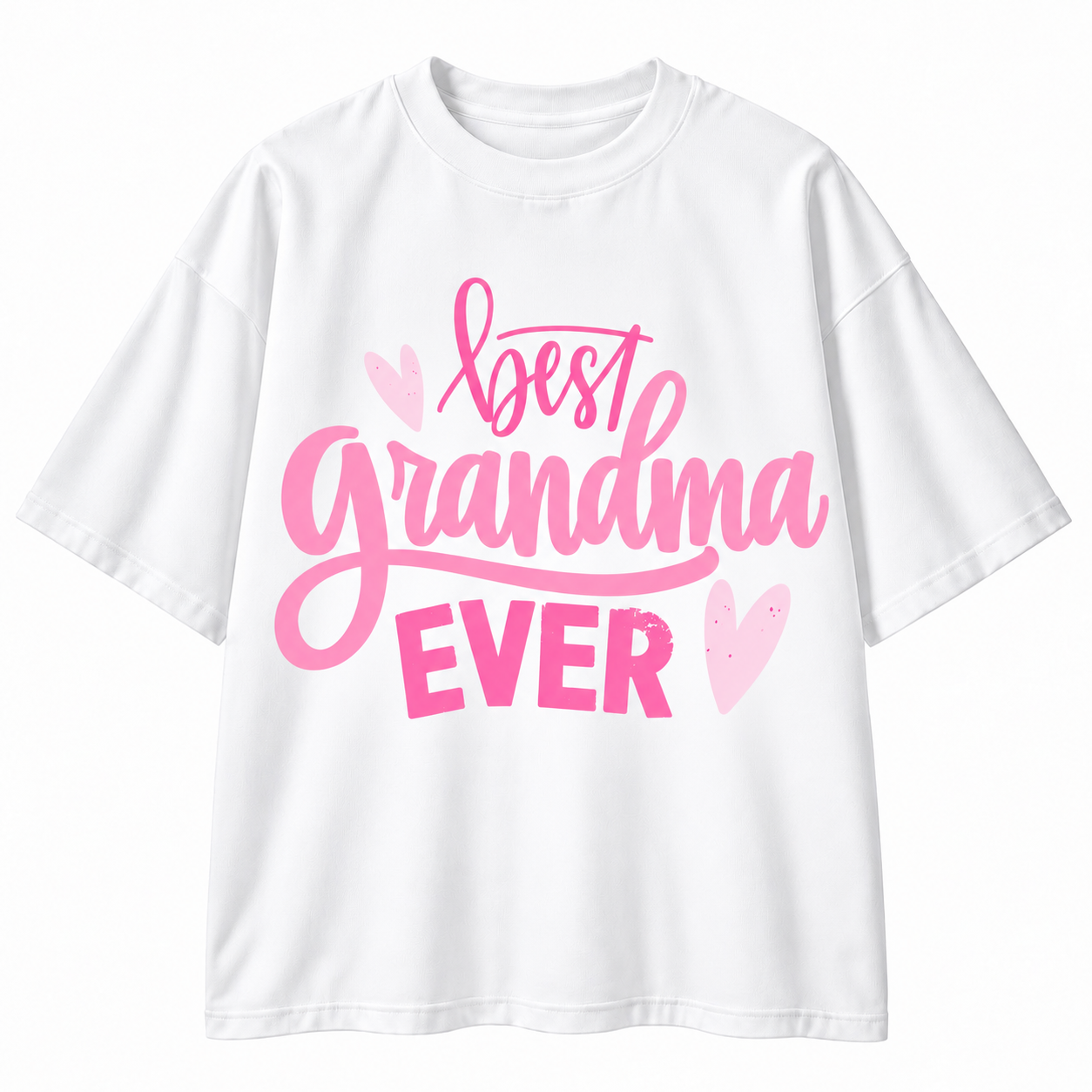 A white short-sleeve crewneck t-shirt featuring a pink graphic print on the front that reads 'best Grandma EVER' with small heart accents, displayed against a clean white background.