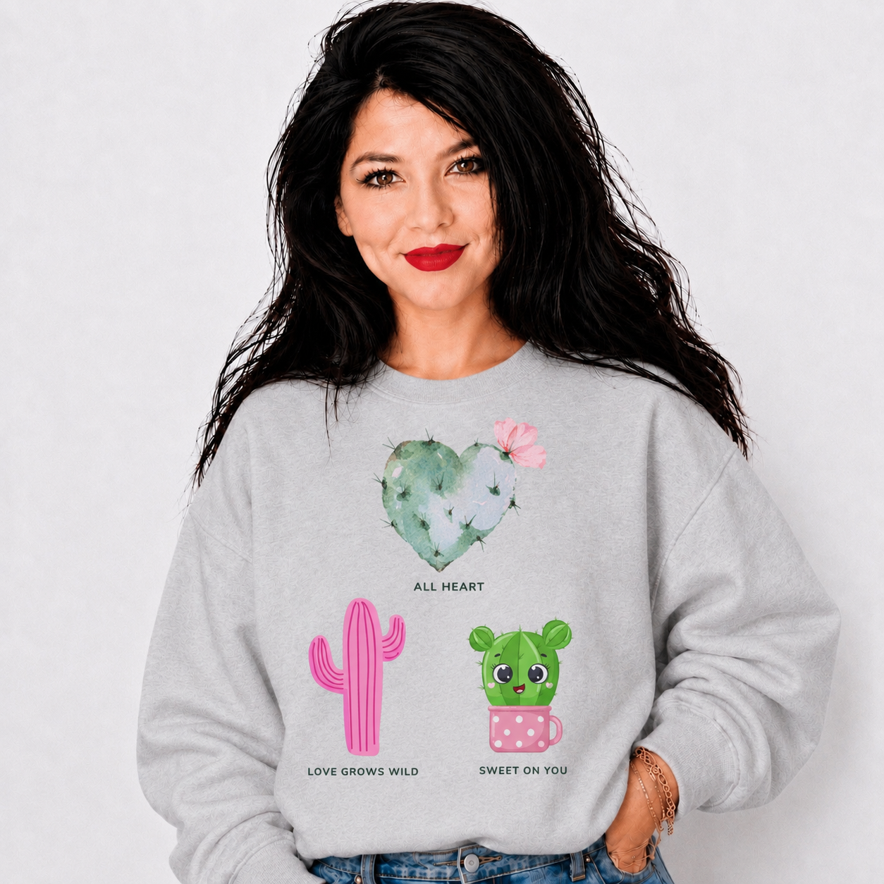 The soft grey sweatshirt creates a beautiful neutral background for the fresh green and bright pink artwork. Its relaxed, cozy look makes it easy to pair with jeans, leggings, or shorts for an effortless casual outfit.everyday wear, casual outings, plant & cactus lovers, birthdays, Valentine-inspired gifting, or anyone who loves cute botanical designs.