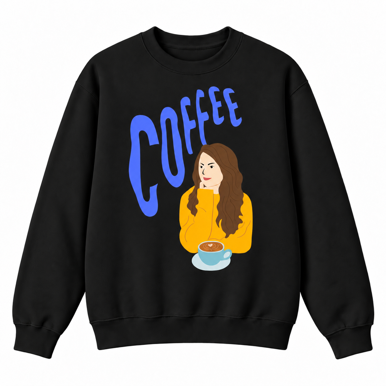 A black crewneck sweatshirt featuring a graphic print of a woman in a yellow sweater holding a cup of coffee, with the word 'COFFEE' written in large blue letters above her, shown on a plain white background.
