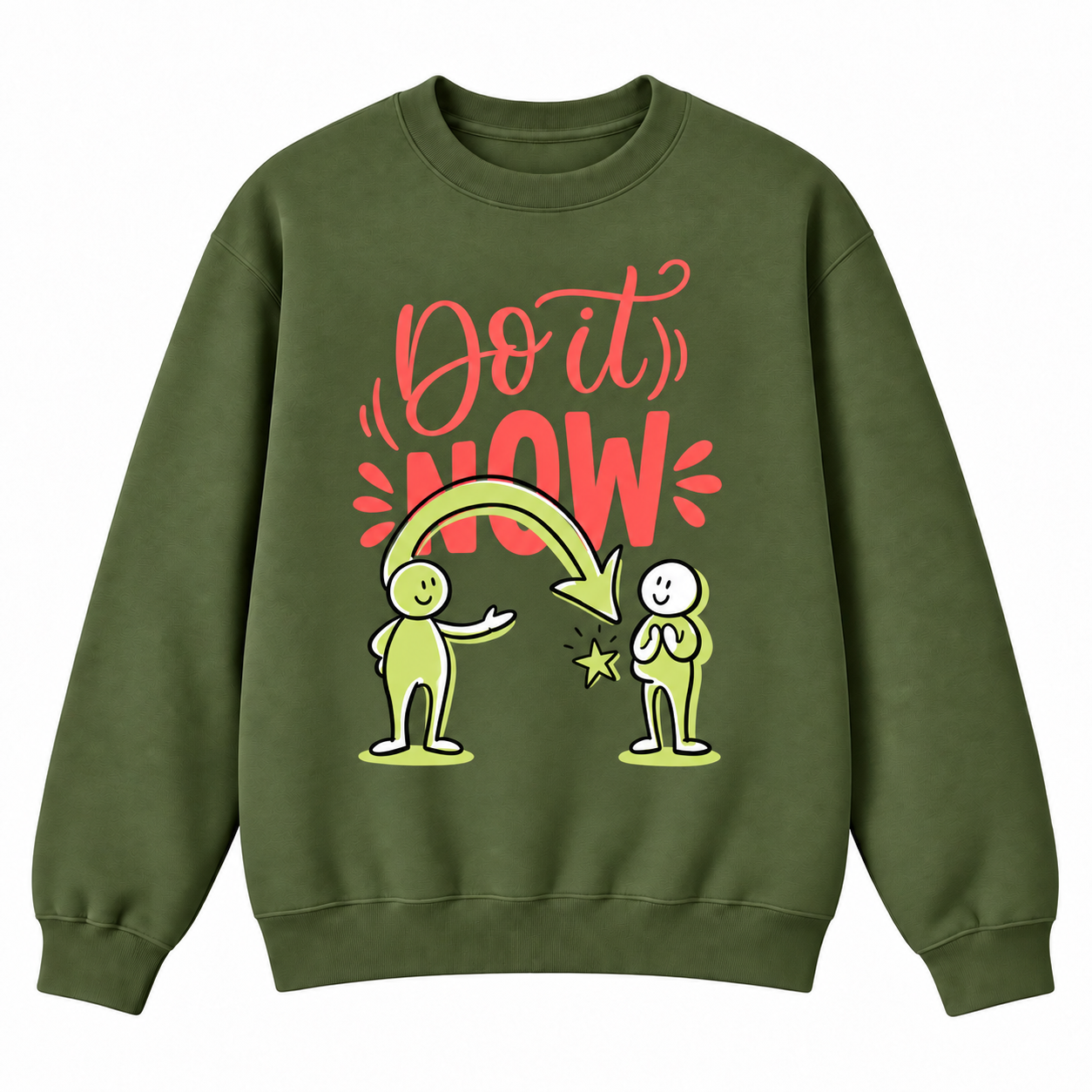 An olive green crewneck sweatshirt featuring a graphic print on the front with the text 'Do it NOW' in coral red, a curved green arrow, and two cartoon stick figures in light green.