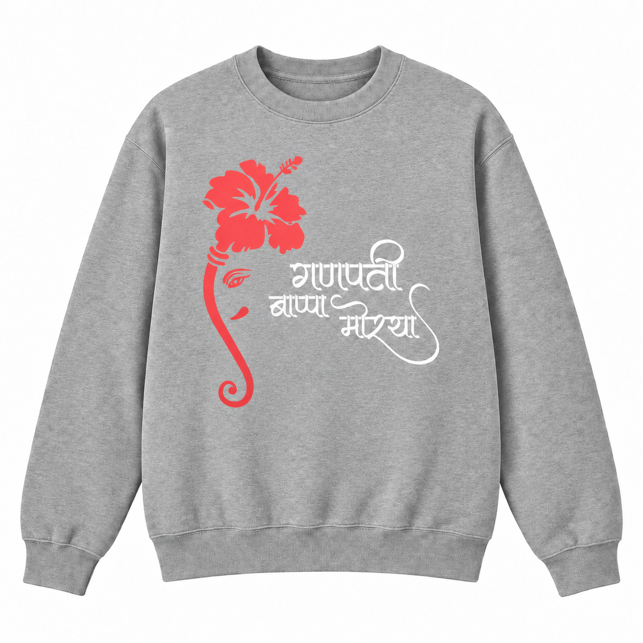 A heather gray crewneck sweatshirt featuring a red hibiscus flower graphic and white Devanagari text on the front, displayed against a solid white background.