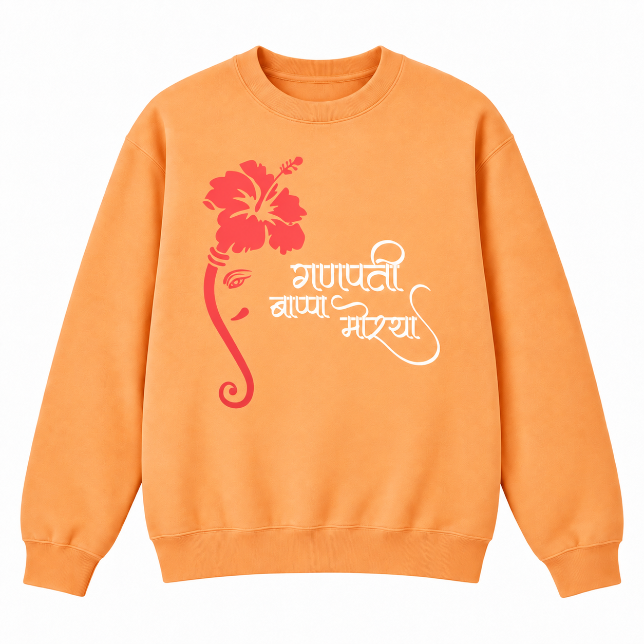 An orange crewneck sweatshirt featuring a red hibiscus flower and white Devanagari script printed on the front, displayed against a solid white background.