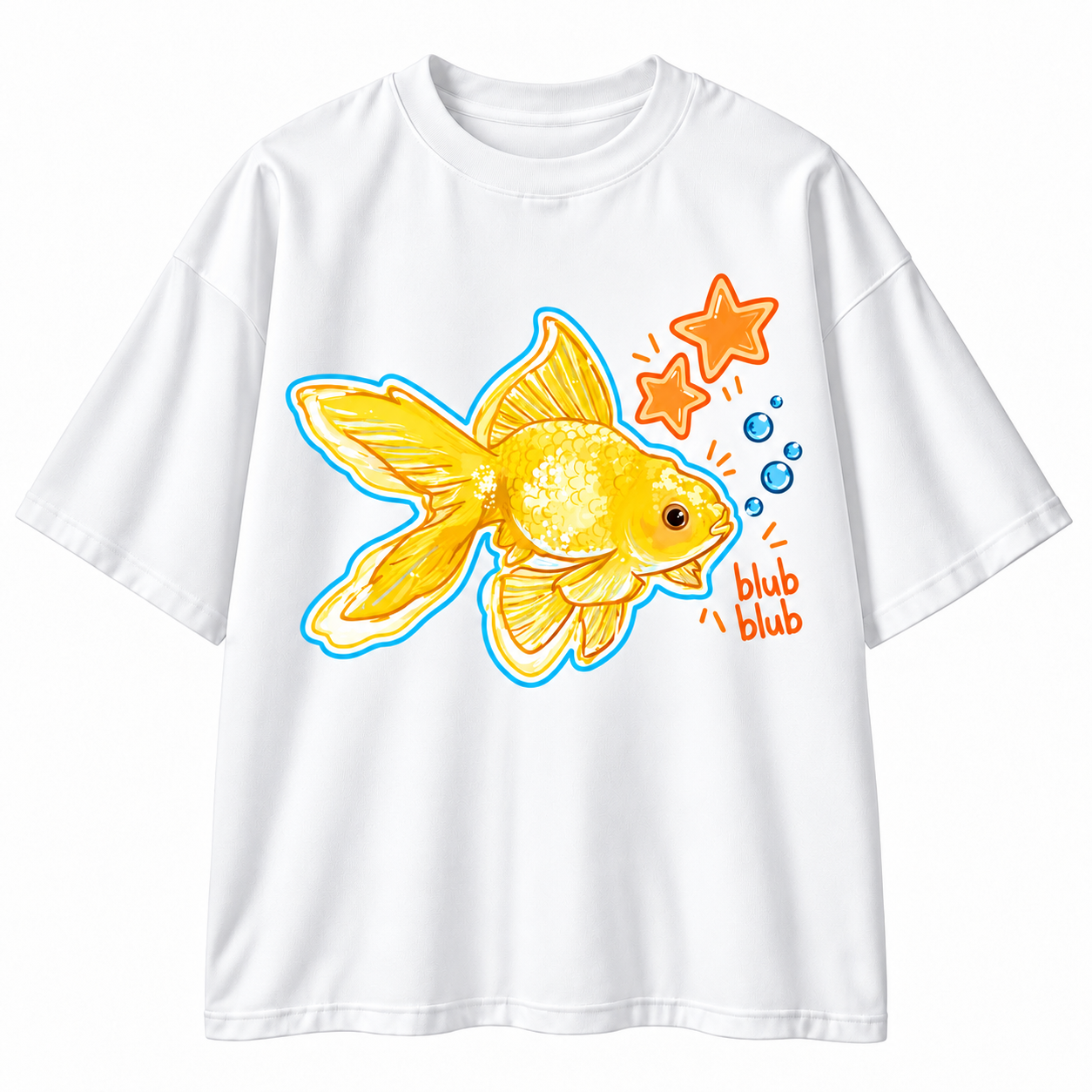 The Golden Blub Blub oversized t-shirt features a detailed goldfish graphic printed on high-quality fabric, offering comfortable wear with a relaxed fit. Its durable material supports long-term use while the design provides a visually distinctive aesthetic suitable for casual environments.