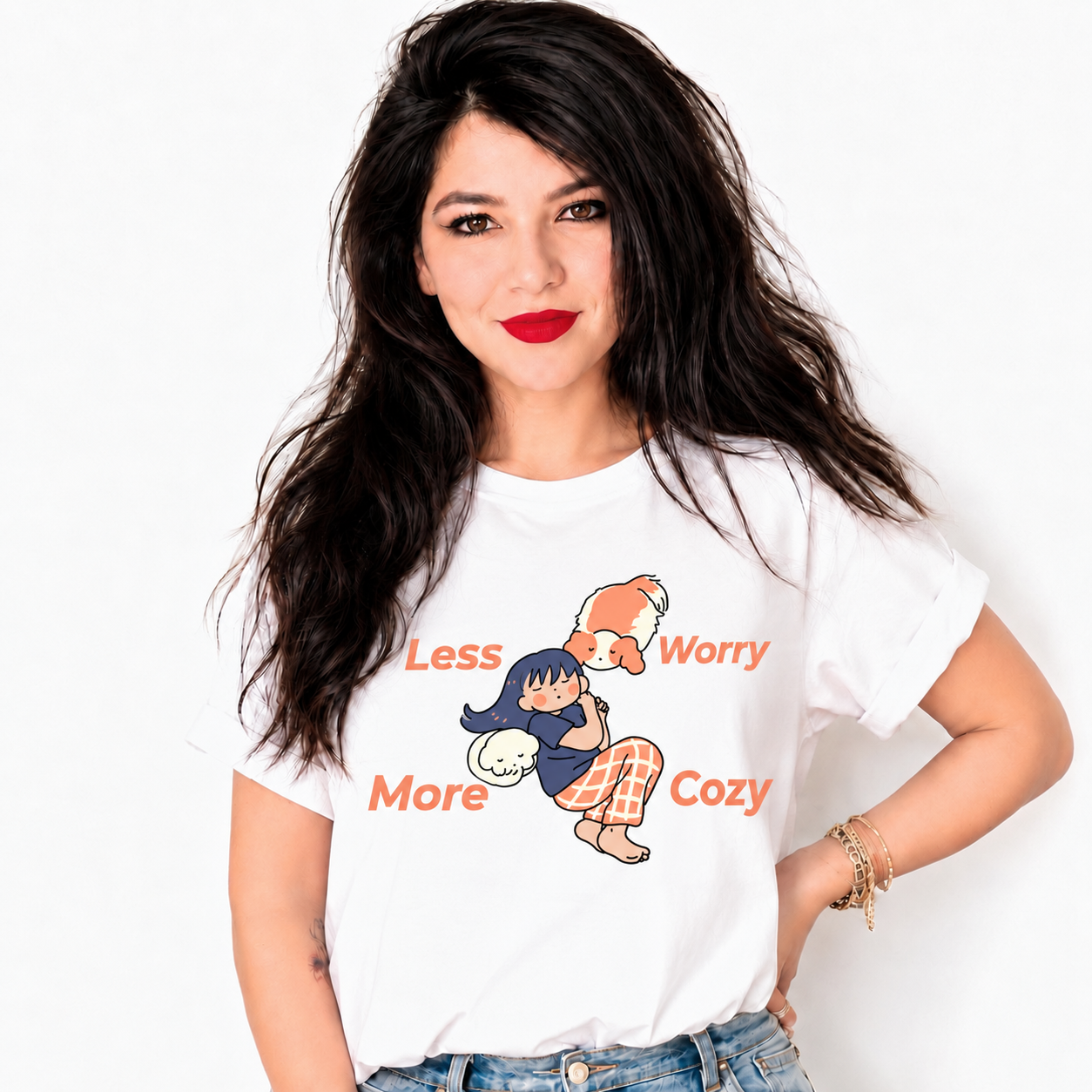 A woman with long dark hair and red lipstick wearing a white graphic t-shirt with a cartoon illustration of a fox and the text 'Less Worry More Cozy'.