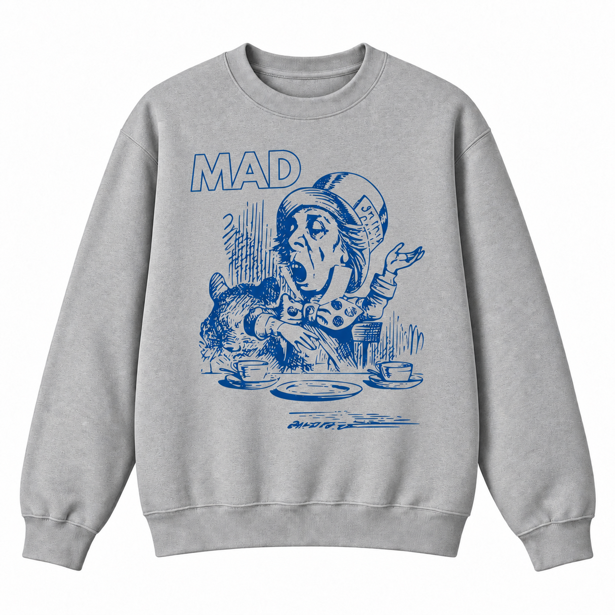 A light gray crewneck sweatshirt featuring a blue graphic print of the Mad Hatter from Alice in Wonderland with the word 'MAD' printed above, displayed on a clean white background.
