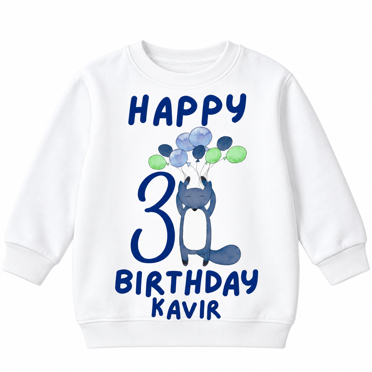 A white long-sleeve crewneck sweatshirt featuring a blue and green graphic of a cartoon squirrel holding balloons, with the text 'HAPPY 3 BIRTHDAY KAVIR' printed in blue.