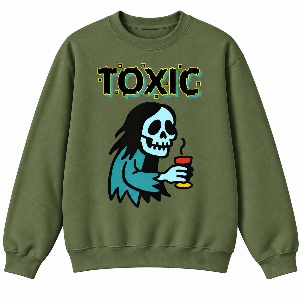 The olive green crewneck gives the graphic a strong, streetwear-inspired look and pairs easily with jeans, joggers, or layered outfits. Perfect for Halloween season, alternative style lovers, spooky fashion fans, and everyday statement wear.
