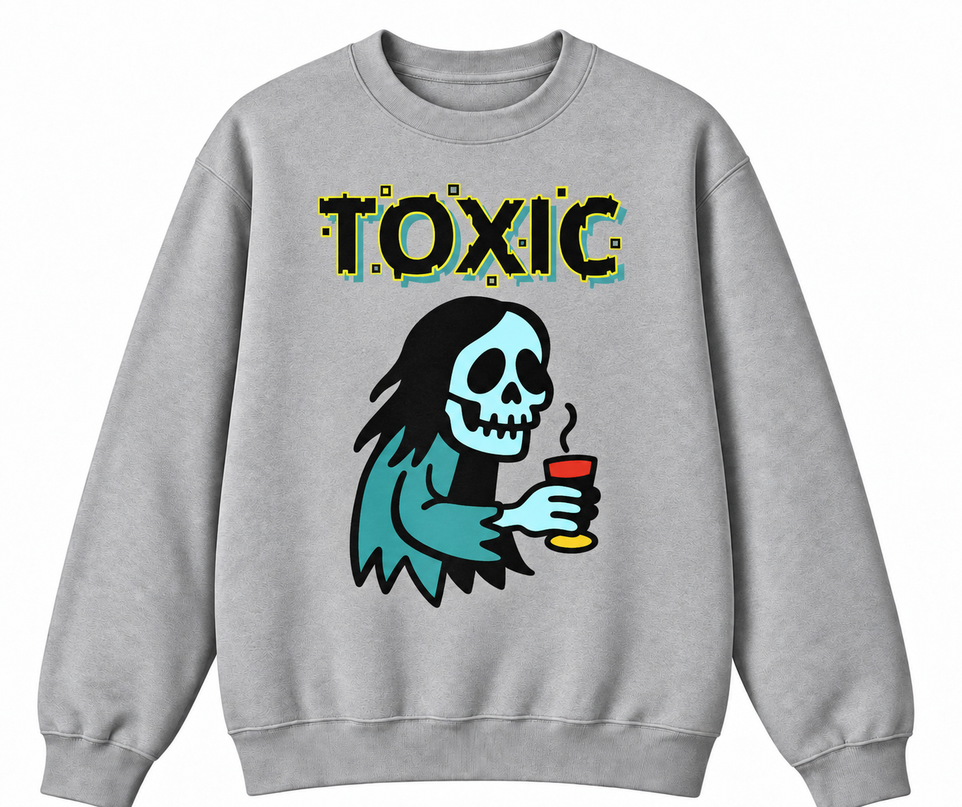 A light gray crewneck sweatshirt featuring a graphic print of a cartoon grim reaper skeleton holding a red drink, with the word 'TOXIC' written above in a stylized yellow and teal font.