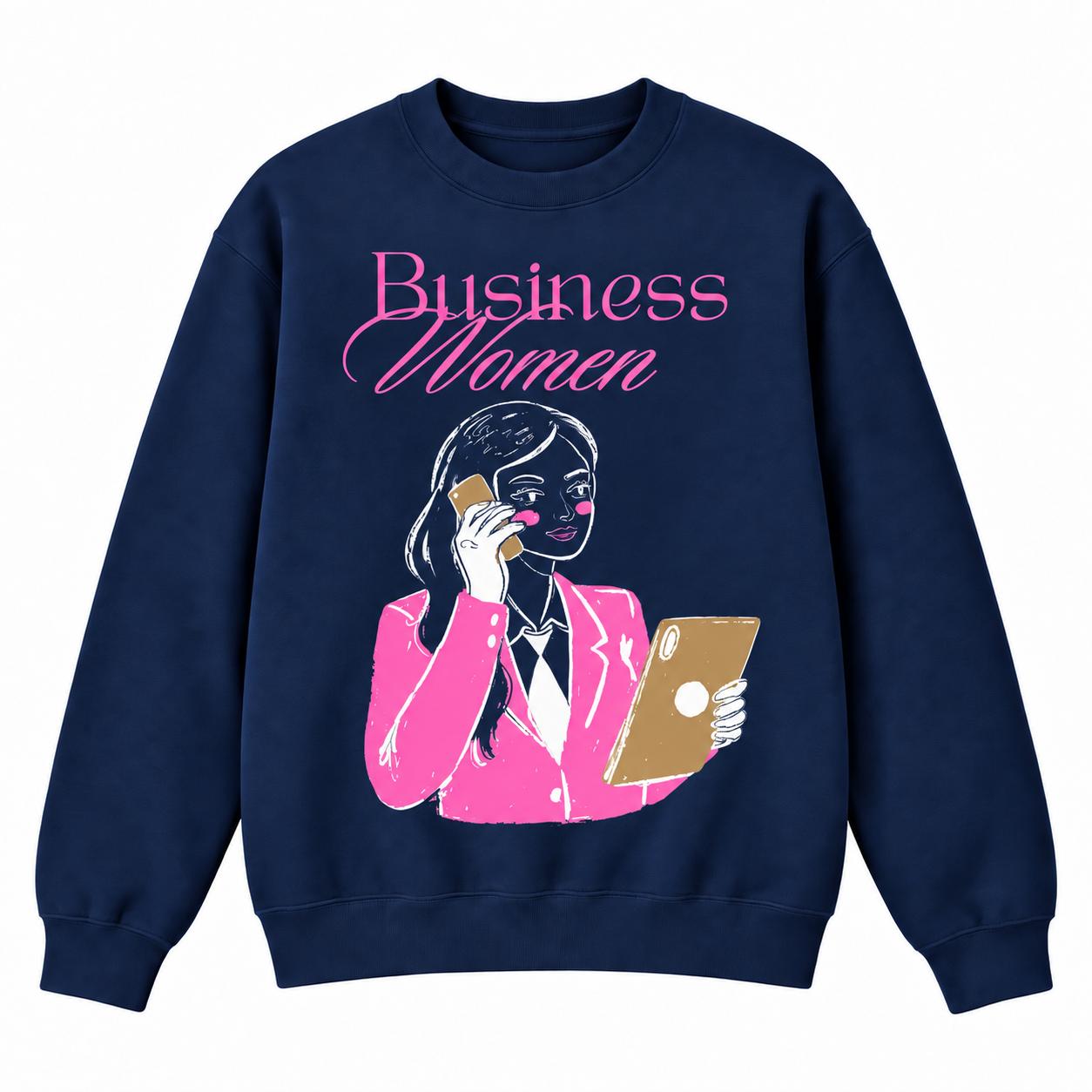 The navy crewneck and vibrant pink accents create a polished yet eye-catching look that pairs easily with jeans, leggings, or casual office outfits. Perfect for business owners, entrepreneurs, work-from-home days, networking events, gifting, or everyday boss-woman style.