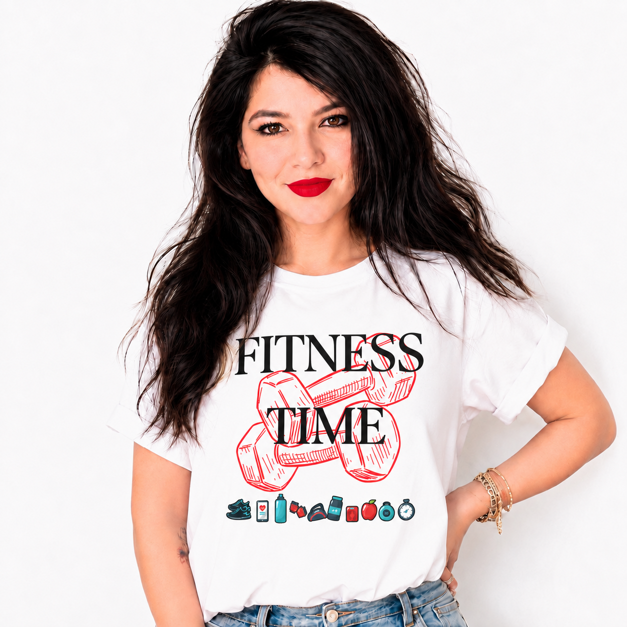 A woman with long dark hair and red lipstick wearing a white graphic t-shirt that reads 'FITNESS TIME' with a red dumbbell illustration and small fitness-themed icons along the bottom, paired with blue jeans against a plain white background.