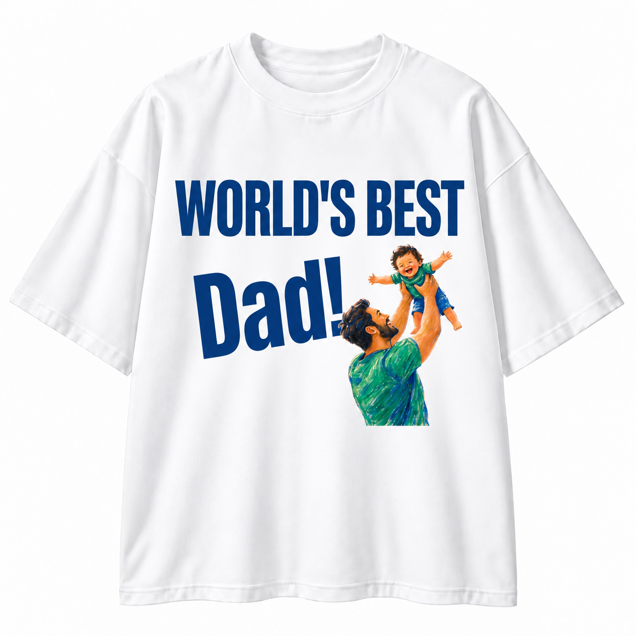 A white short-sleeve crewneck t-shirt featuring a graphic print that reads 'WORLD'S BEST Dad!' in bold blue text, accompanied by a photo-style illustration of a father lifting a child.
