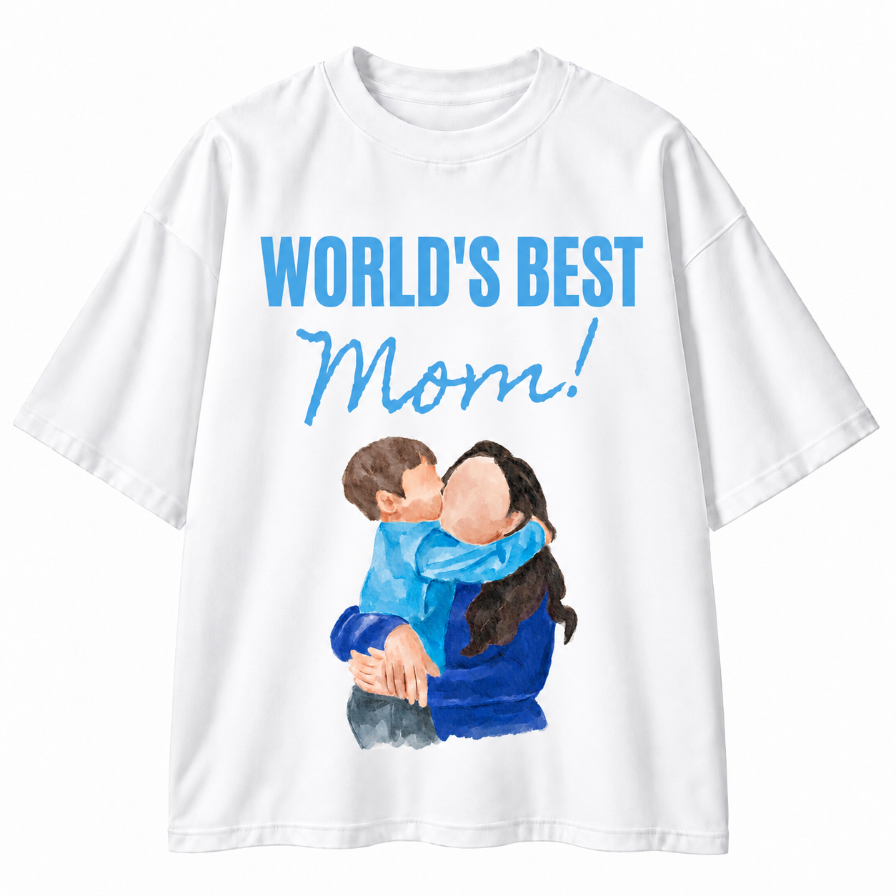 White short-sleeve crewneck t-shirt featuring a graphic print that reads 'WORLD'S BEST Mom!' in blue text, with a watercolor illustration of a mother and child hugging below.